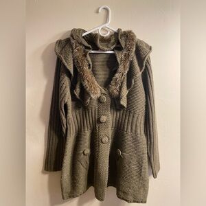 Cozy Cardigan with Faux Fur Collar by Avalin, Size L, 90’s Y2K Vibes